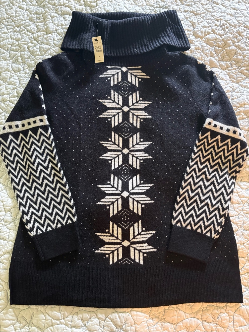 Talbots Black White Turtleneck Sweater Lambswool Blend Snowflake Medium NWT